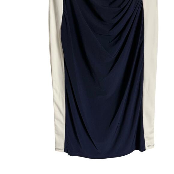 Glamour Navy White Ruched 3/4 Sleeve Colorblock Sheath Dress Size 4 Petite - Picture 6 of 10